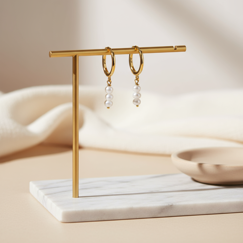 Sunseeker Drift Earrings featuring gold hoops with pearls on beige textile surface