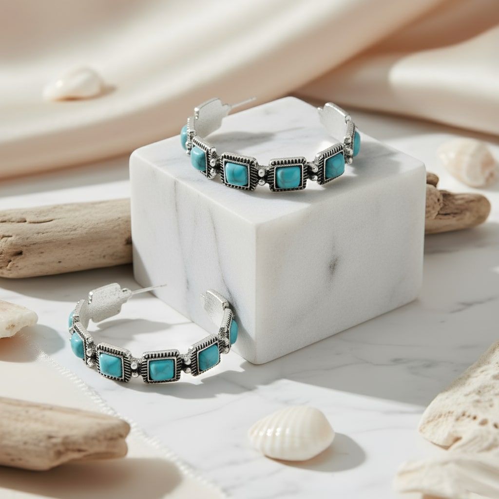 Tidal Breeze Earrings Perth House of Hide silver and turquoise statement earrings on white background