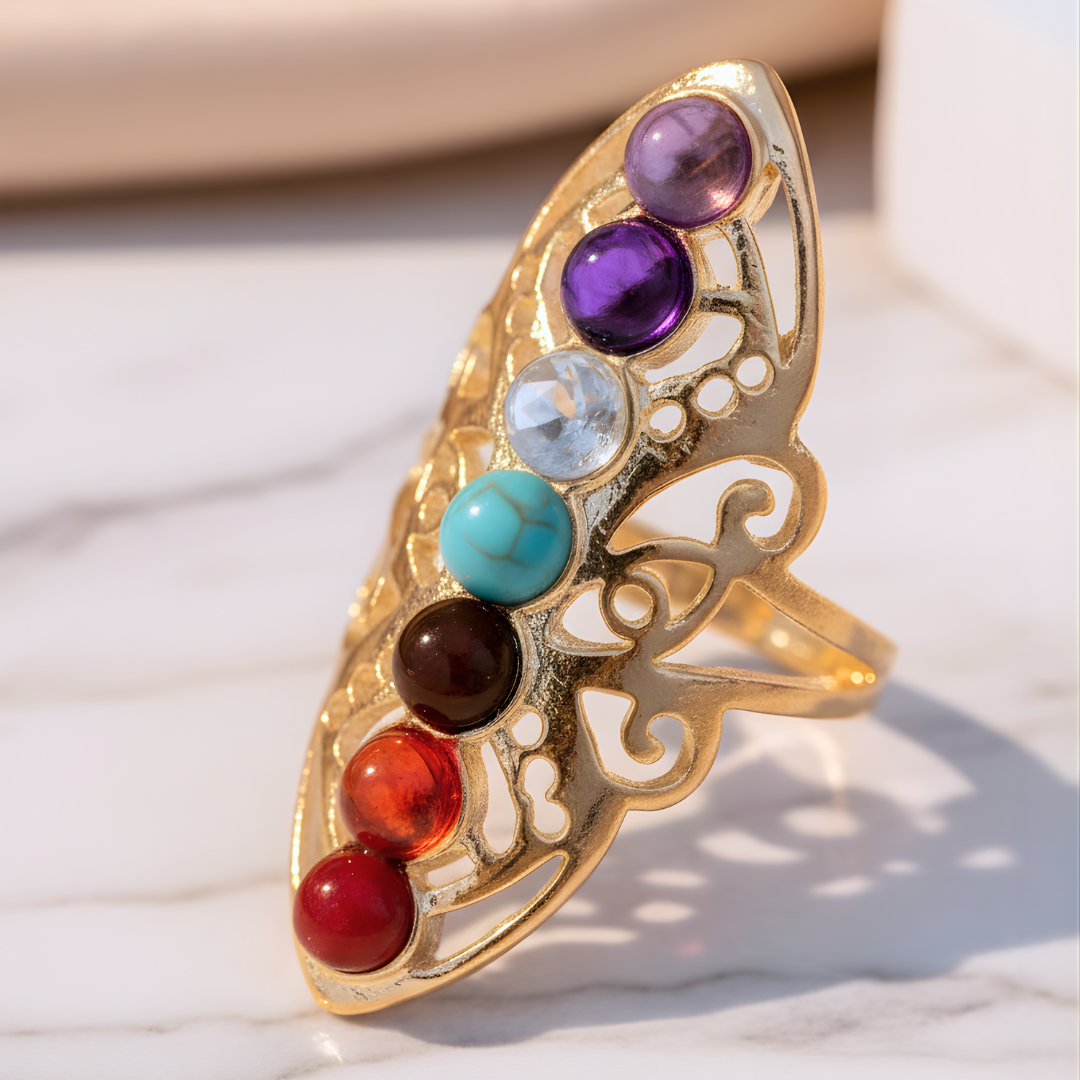 Handcrafted gold ring with rainbow stones Perth Australia House of Hide boho design