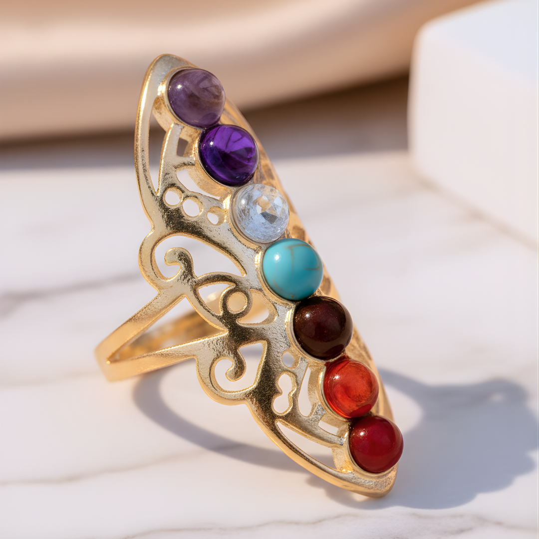 Tropical Radiance Ring featuring gold band with colorful stones on white surface
